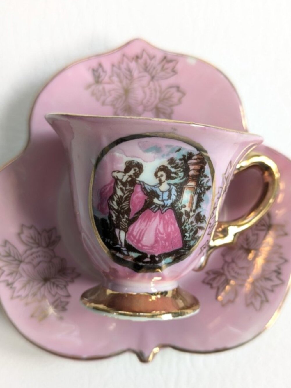 Vintage Royal Crown Porcelain Teacup & Saucer Courting Couple Pink Iridescent